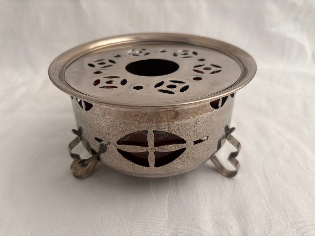 Art Deco theelichtje van verchroomd metaal en rode ruitjes., Ophalen of Verzenden