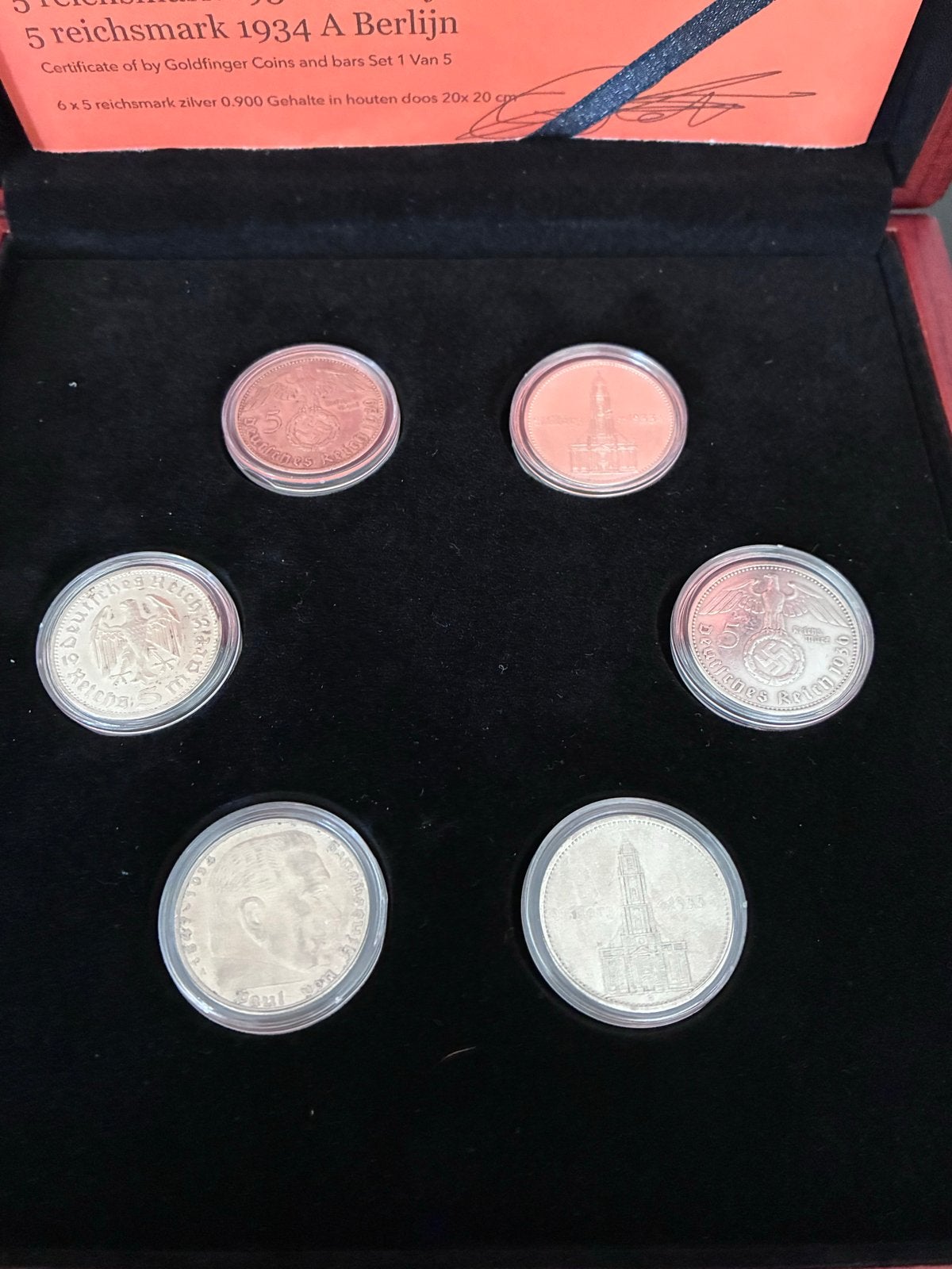 Nazi Duitsland 5 Reichsmark muntset in luxe houten box, Ophalen of Verzenden, Duitsland, Setje, Zilver