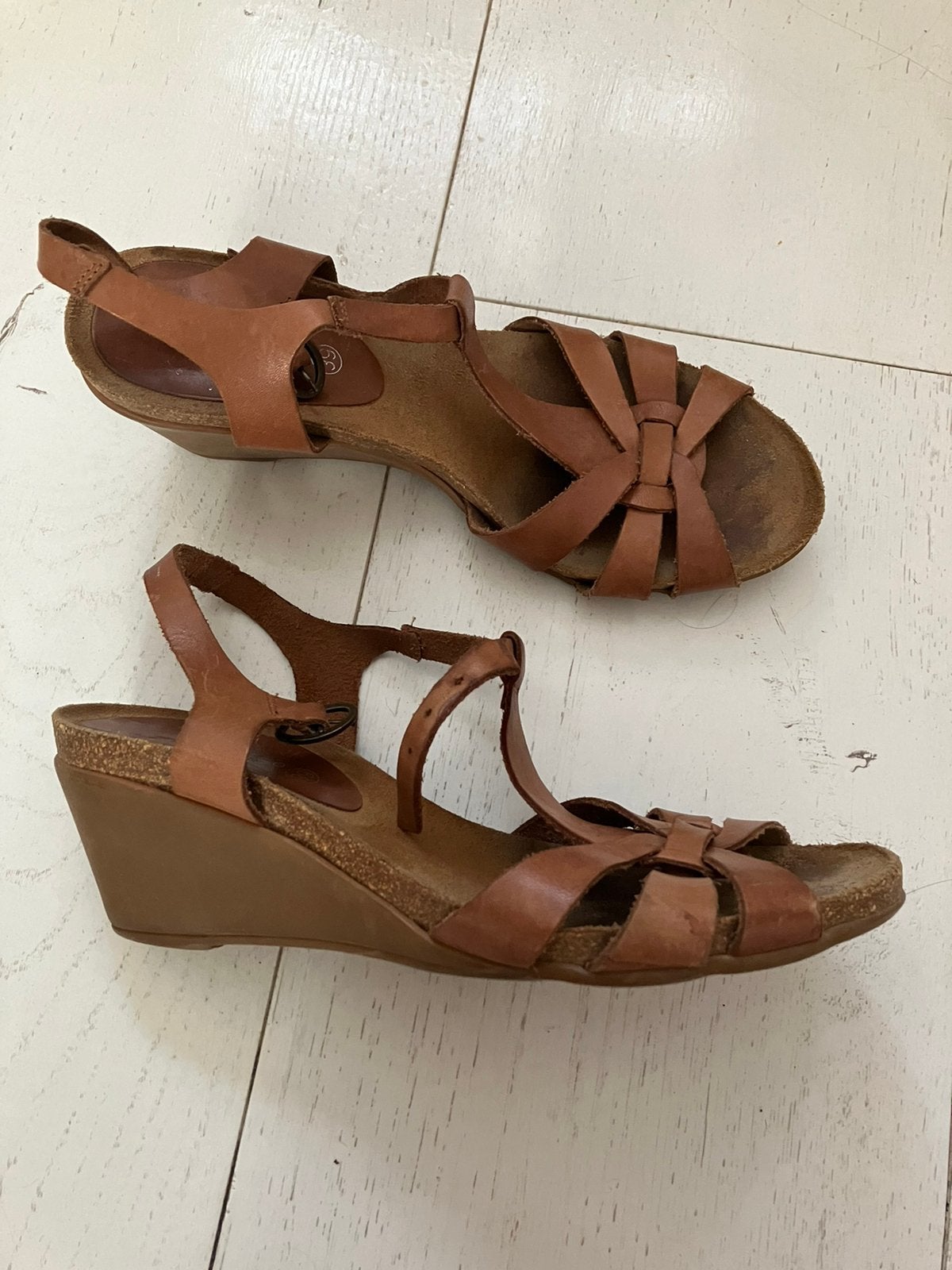 Vintage bruin leren sleehak sandalen 39, Ophalen of Verzenden, Zo goed als nieuw, Bruin, Sandalen of Muiltjes
