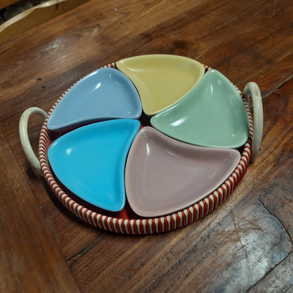 Vintage retro Coldendorf snackset met 5 gekleurde schaaltjes, Ophalen of Verzenden