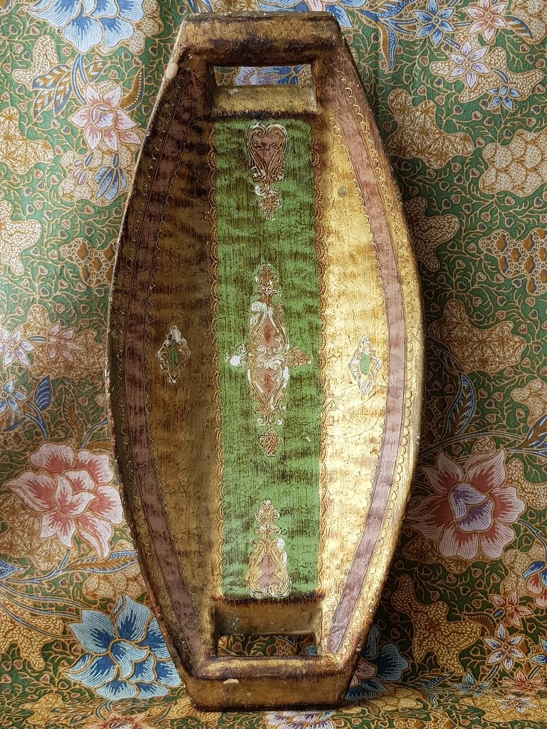 Mooie oude brocante schaal uit Italië van hout en gips 46 cm, Ophalen of Verzenden