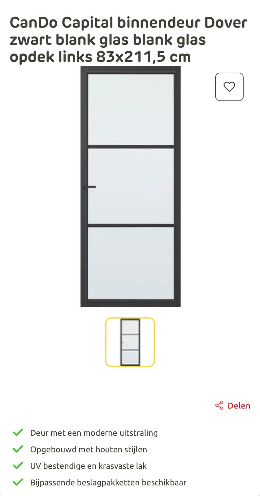 CanDo Capital binnendeur Dover 83 x 211,5 cm (nieuw), Doe-het-zelf en Verbouw, Deuren en Horren, Ophalen, 80 tot 100 cm, Binnendeur