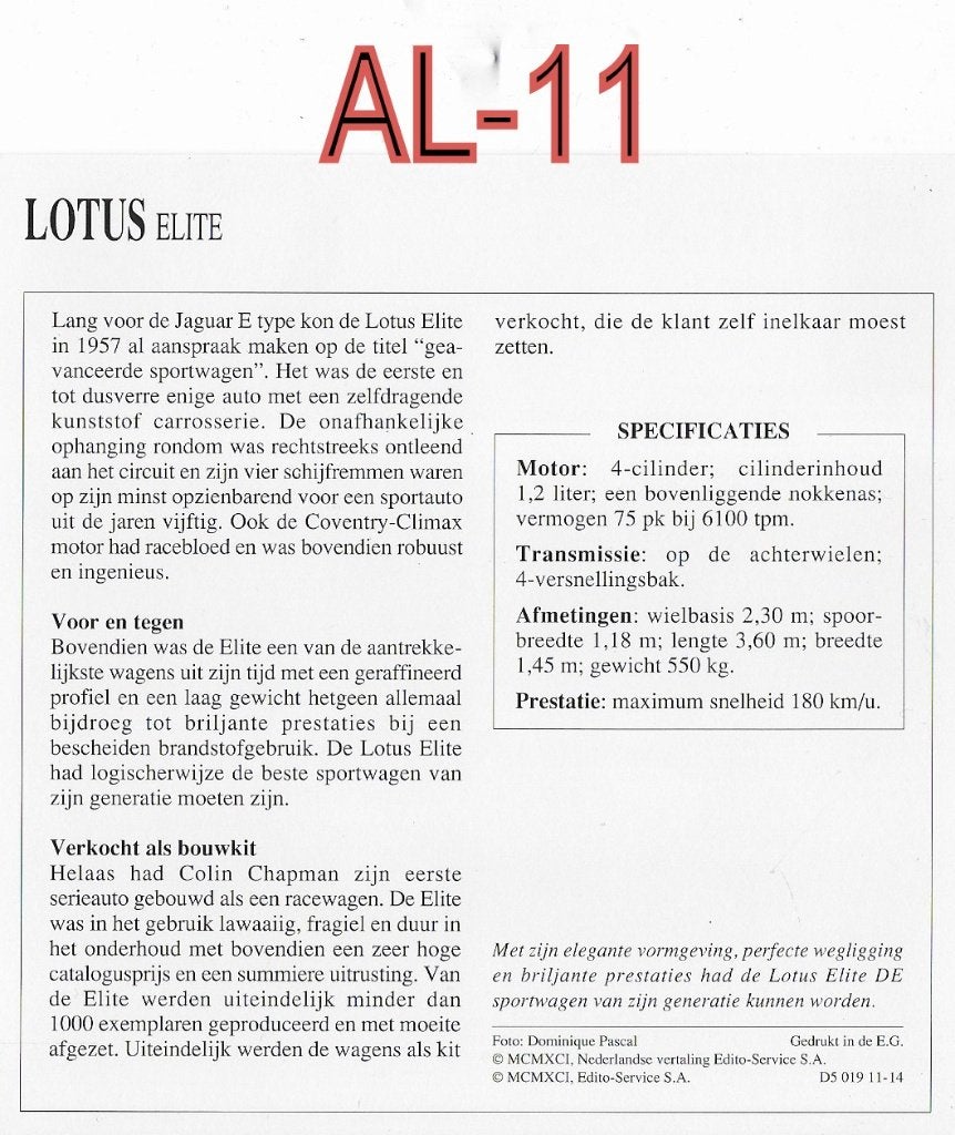 AL11 autokaart lotus elite ( 1957 - 1963 ), Ophalen of Verzenden, Zo goed als nieuw, Auto's