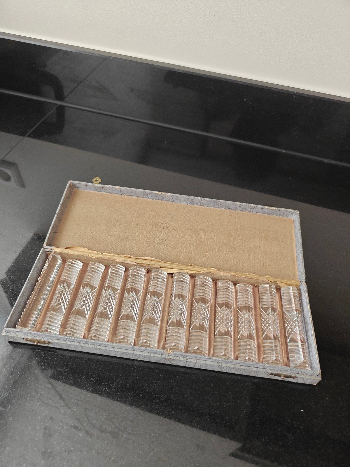 Vintage Glazen Bestekleggers - Set van 12 in originele doos, Antiek en Kunst, Ophalen