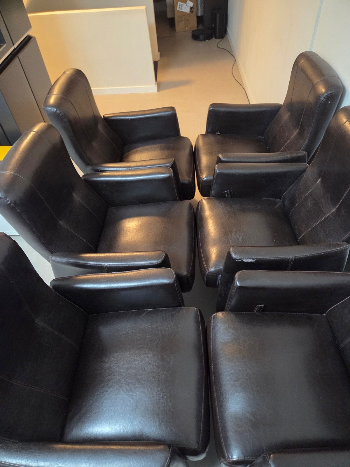 Set van 6 donkerbruine leren fauteuils, Ophalen, Gebruikt, Klassiek, Comfortabel, Bruin