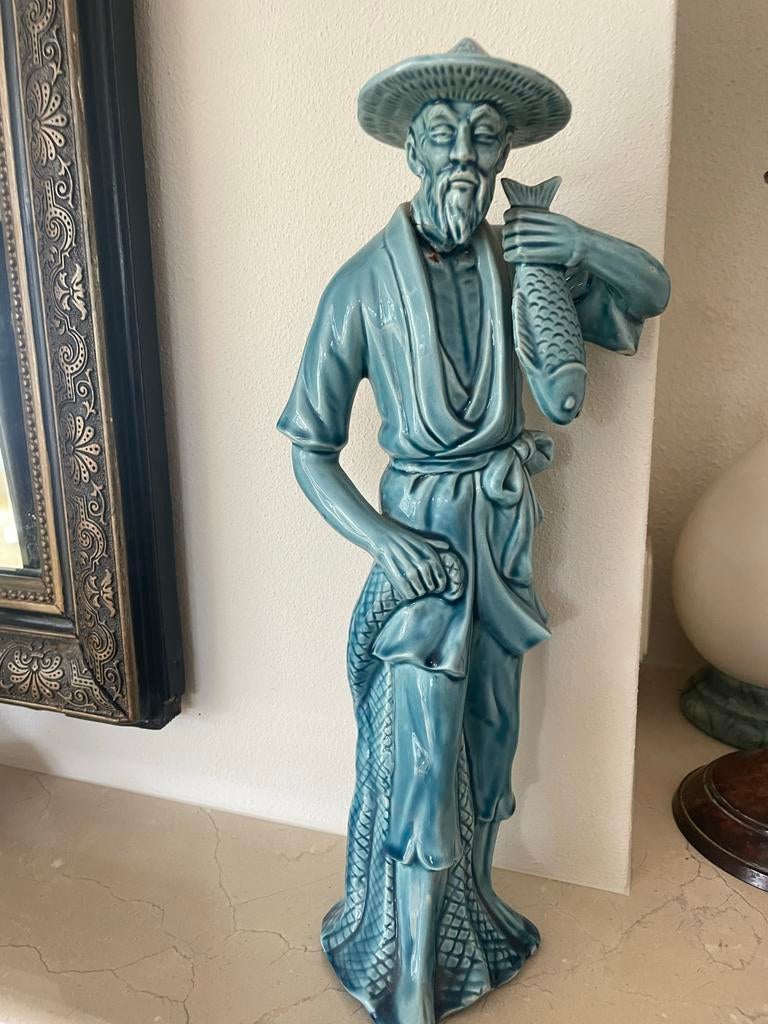 Vintage Chinees Keramieken Visser Beeld - Aziatische Stijl, Antiek en Kunst, Kunst | Beelden en Houtsnijwerken, Ophalen of Verzenden