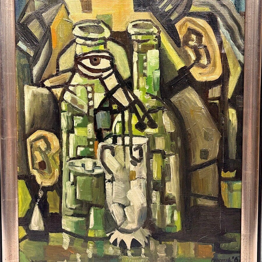 Ben Remkes (1942), Abstract gezicht met groene flessen, Ophalen of Verzenden