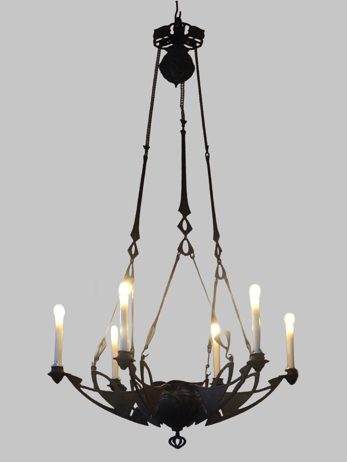 Antieke Art Deco Gietijzeren Hanglamp - 8 Armen, Antiek en Kunst, Ophalen