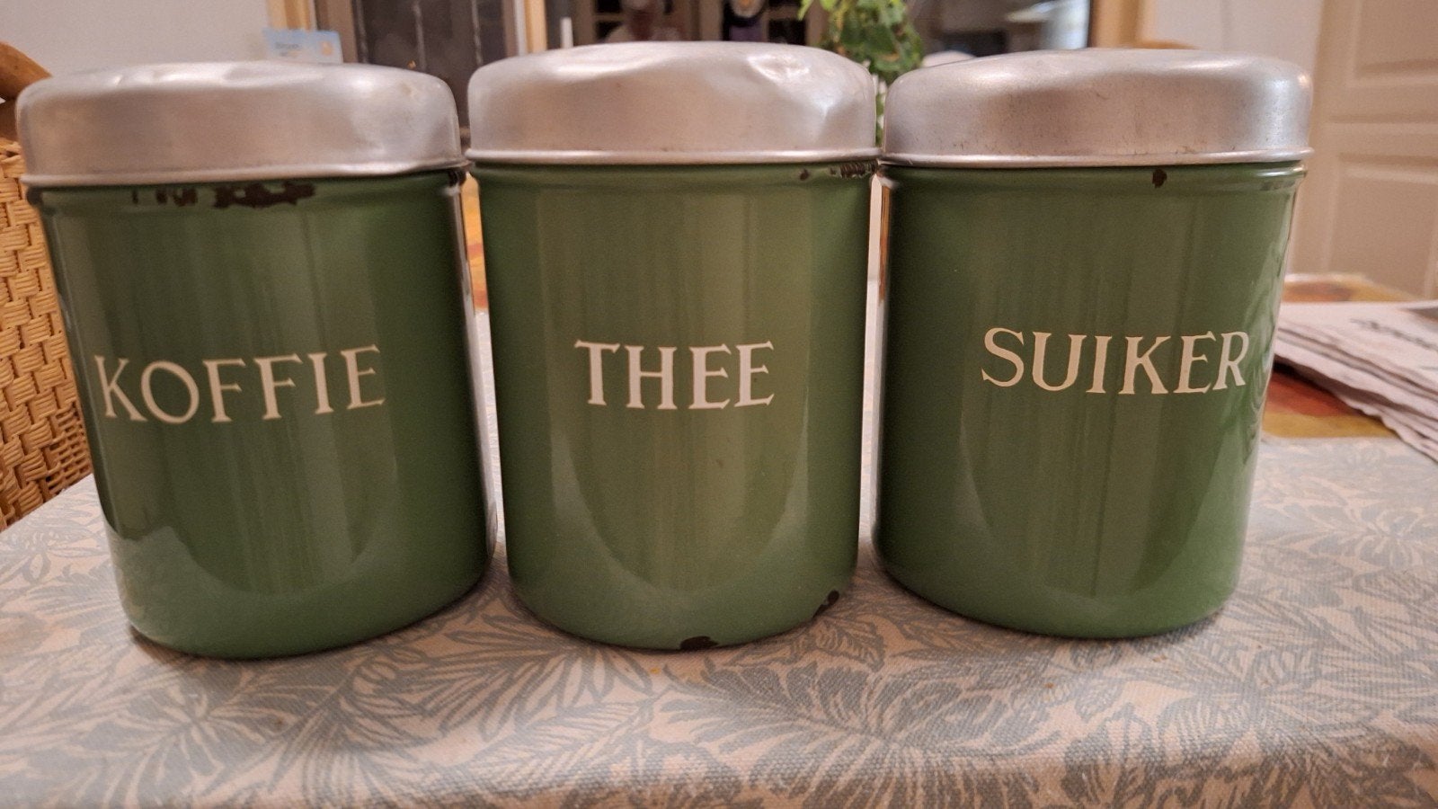 3 groene emaille bussen Koffie , Thee, Suiker -, Ophalen