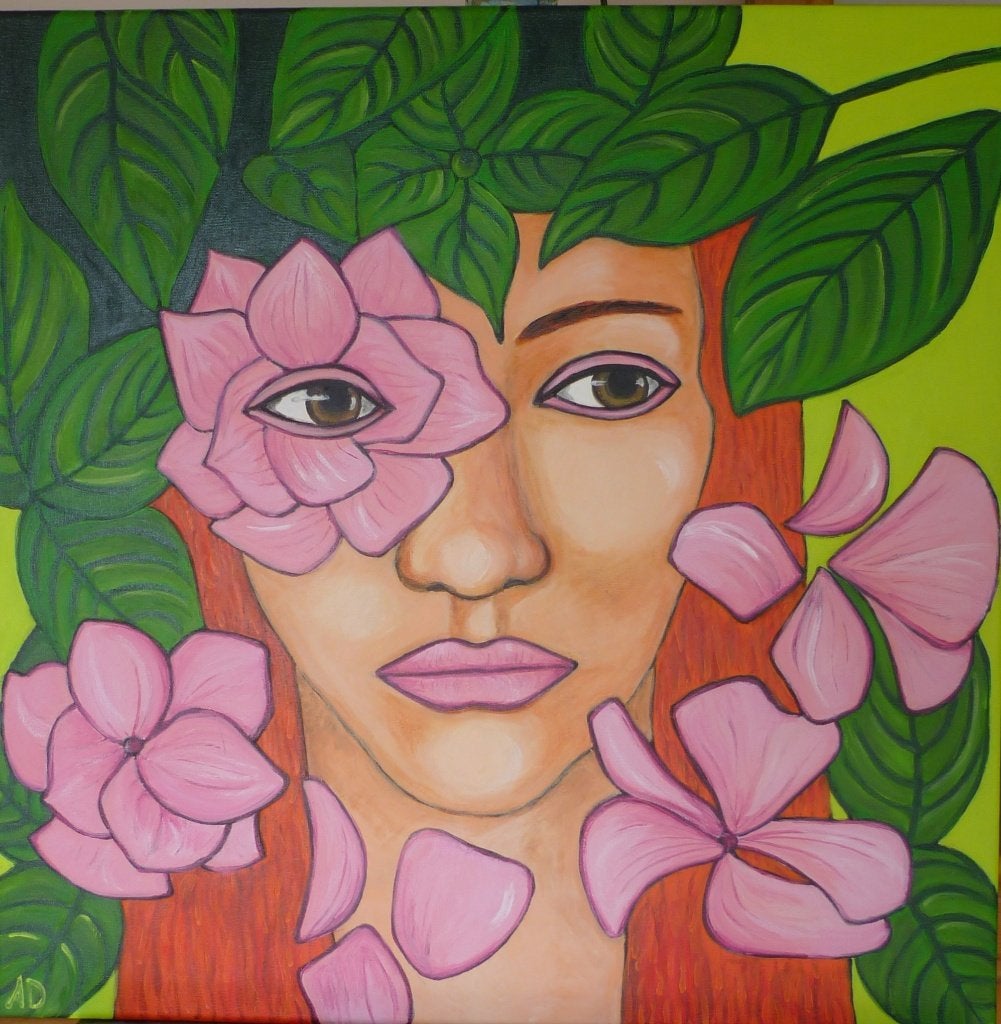 Vrouw met bloemen, Antiek en Kunst, Acrylverf, Handgeschilderd, Ophalen of Verzenden, Portret