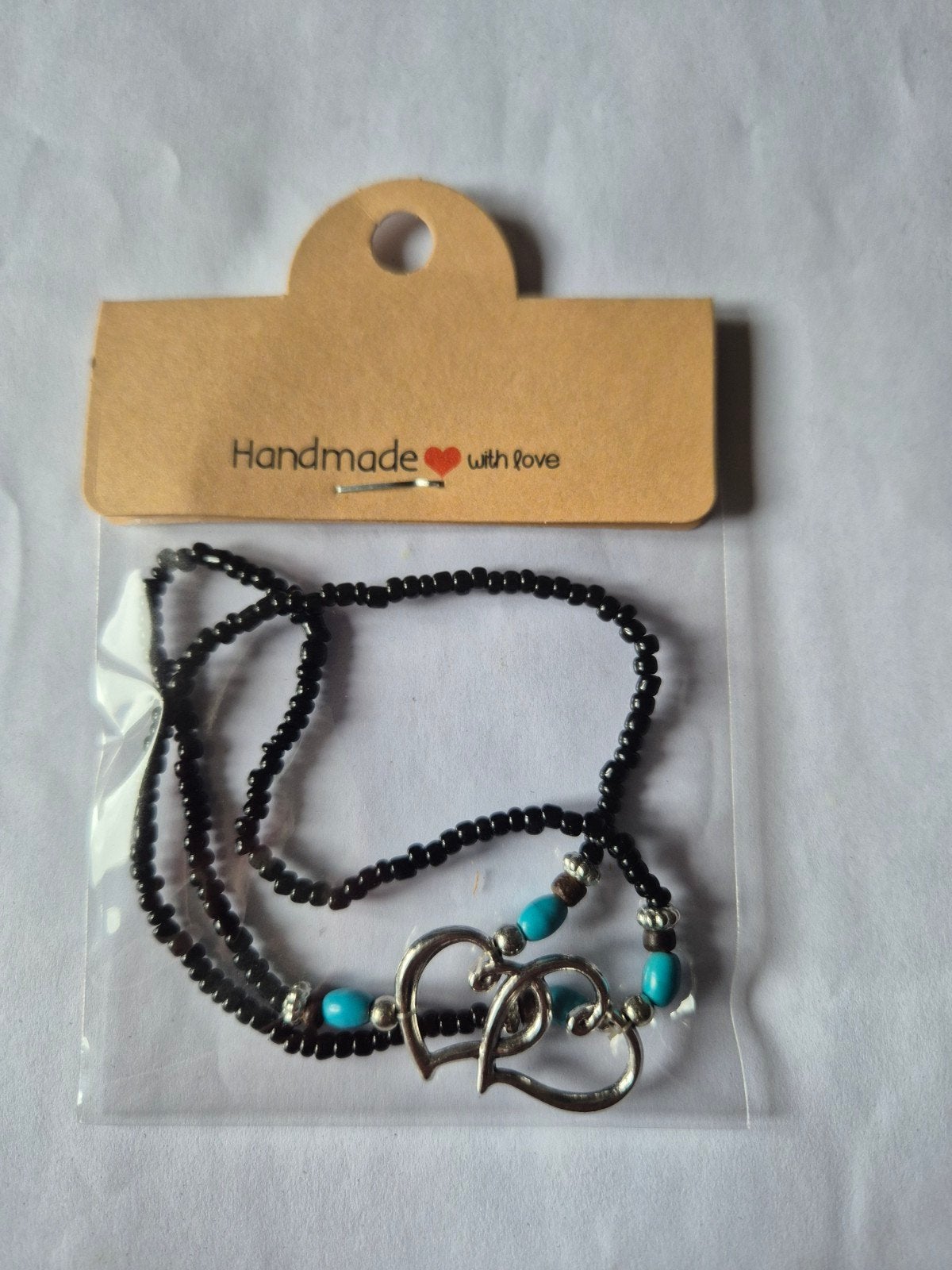 Handgemaakte Armband: Twee Harten, Zwart & Turquoise Kralen, Ophalen of Verzenden