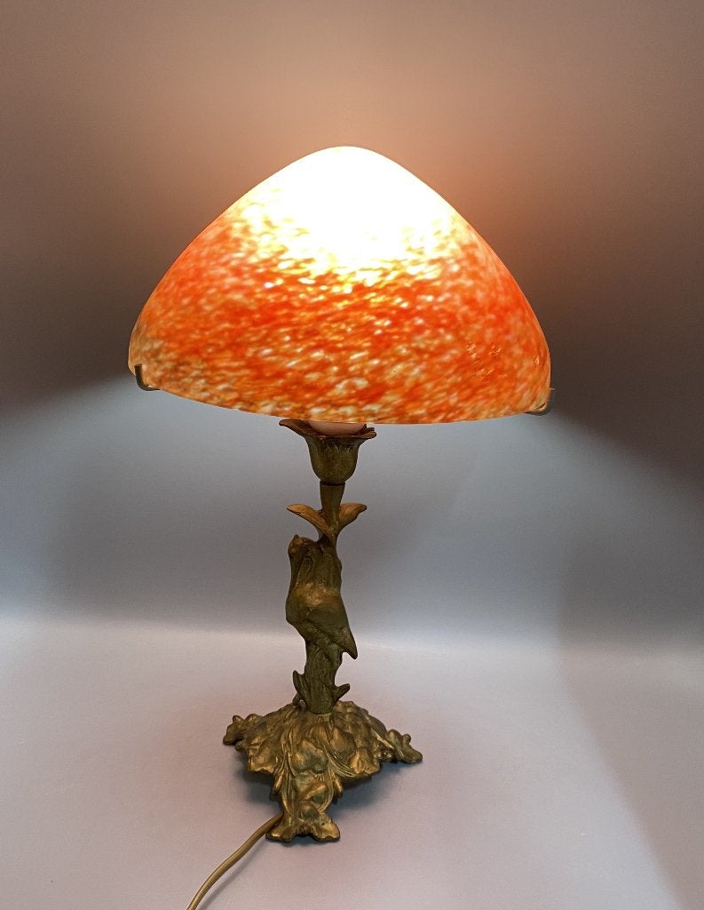 Art Nouveau stijl Messing Tafellamp met Rood / zwart glas, Ophalen of Verzenden