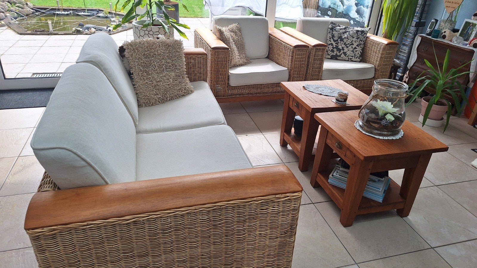 Rotan bank en fauteuils met houten accenten. Ophalen., Huis en Inrichting, Banken | Bankstellen, Gebruikt, Landelijk, Tropisch, Bohemian
