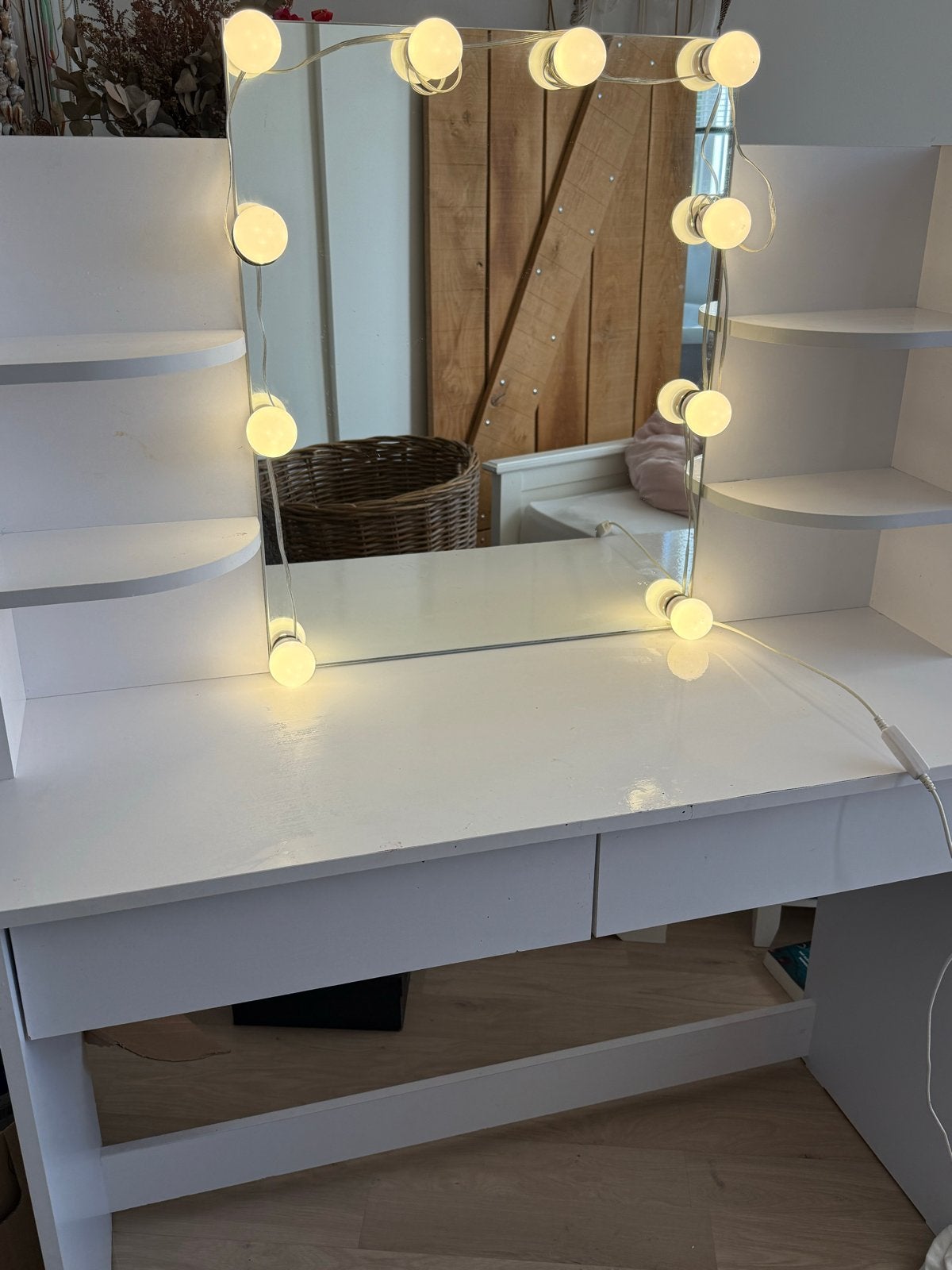Kaptafel met spiegel, 3 standen verlichting en 2 lades, Huis en Inrichting, Ophalen, Gebruikt, Hout, 100 tot 150 cm