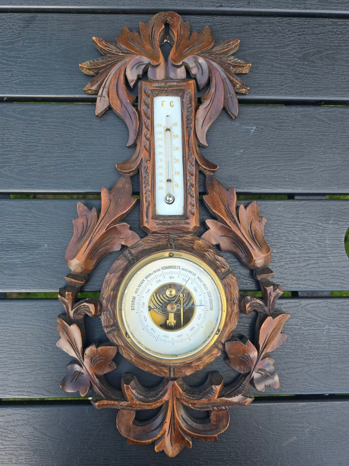 Antieke Barometer met Thermometer - Houtsnijwerk, Ophalen