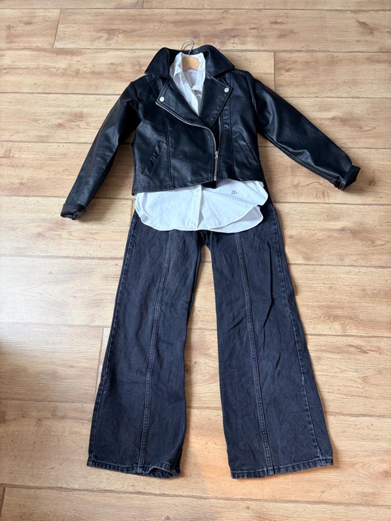 Stoere kledingset: spijkerbroek, blouse en leren jasje, Ophalen of Verzenden, Zo goed als nieuw, Maat 152
