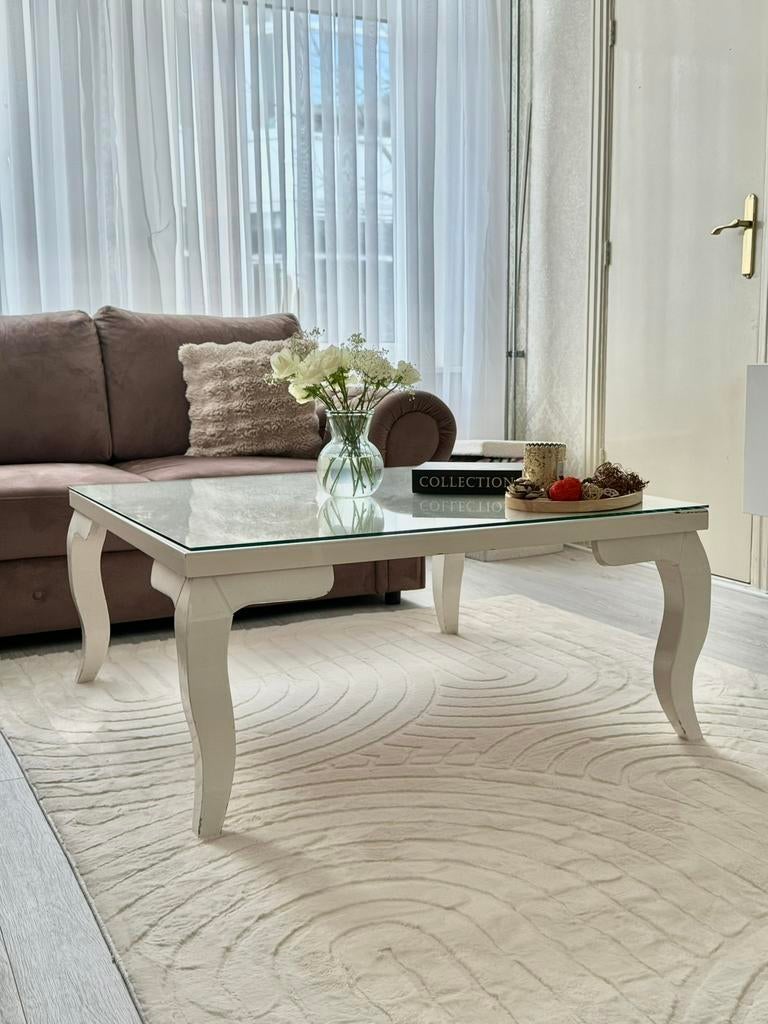 Stijlvolle Witte Salontafel met Glasplaat 1x1 meter, Ophalen, Gebruikt, 50 tot 100 cm, Klassiek