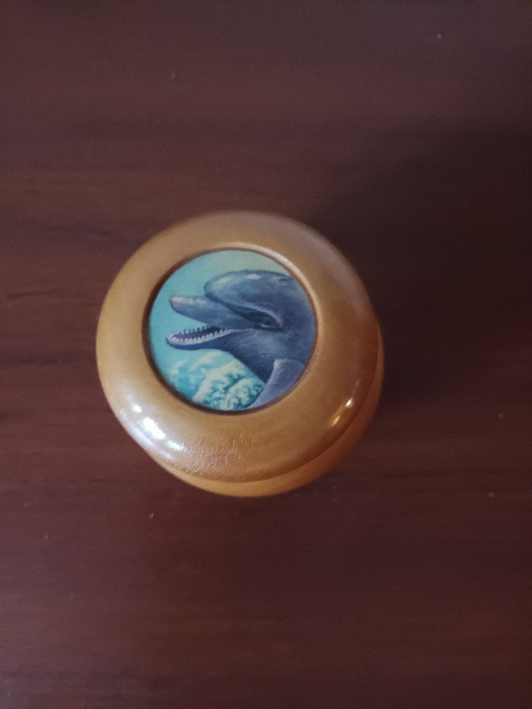 Houten potje/ Pillenbox/ Ringendoosje met Dolfijn, Ophalen of Verzenden