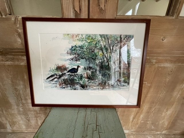 Groene aquarel. Bos en watergebied met vogel. Gesigneerd., Antiek en Kunst, Ophalen