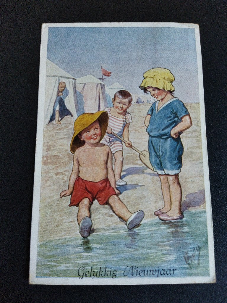 Vintage ansichtkaart Gelukkig Nieuwjaar strand, Ophalen of Verzenden, 1940 tot 1960, Gelopen, Kinderen