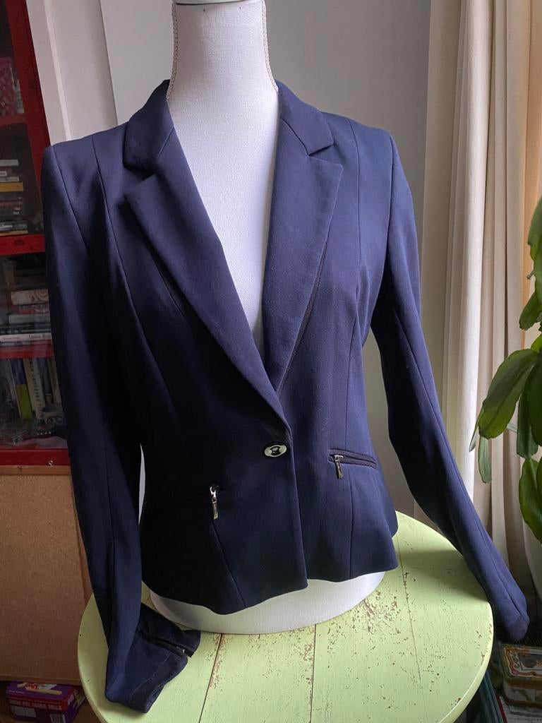 Donkerblauw elegante blazer met suedine Claudia Sträter mt.M, Maat 38/40 (M), Blauw, Ophalen of Verzenden, Zo goed als nieuw
