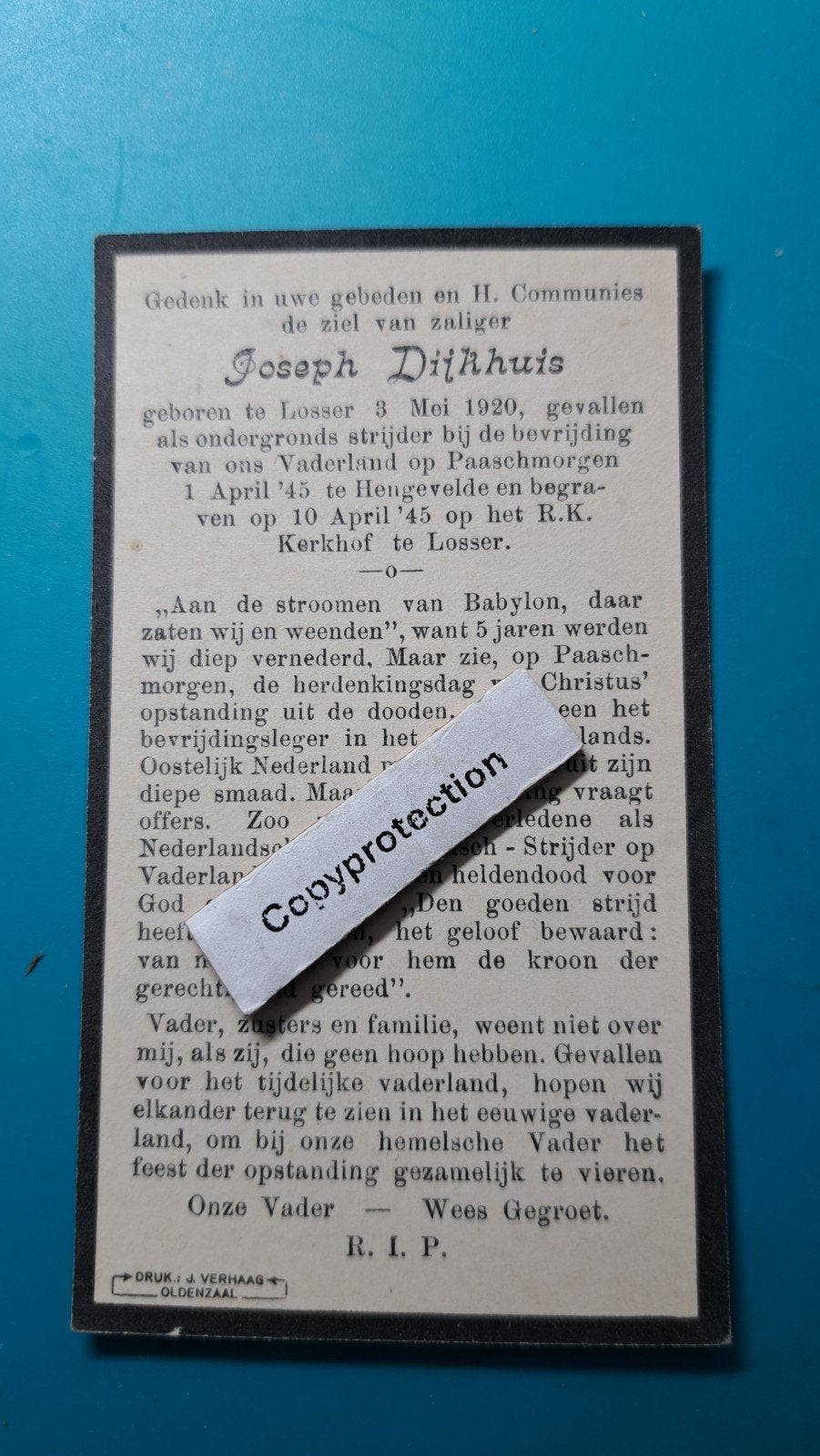 Joseph Dijkhuis, Losser 1920, +Hengevelde, oorlog verzet, Verzenden, Bidprentje