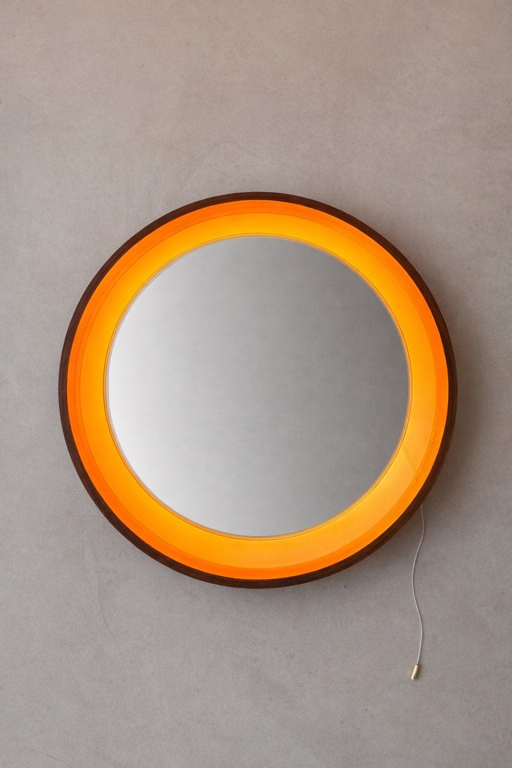 Vintage Ronde verlichte spiegel teak 60s Japandi minimalist, Ophalen of Verzenden, Gebruikt, Rond