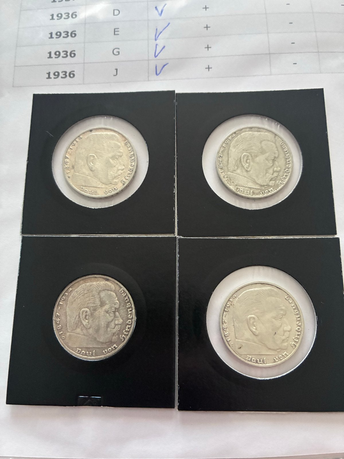 Zeldzame 2 Reichsmark 1936 Hindenburg - Alle Letters Set, Ophalen of Verzenden