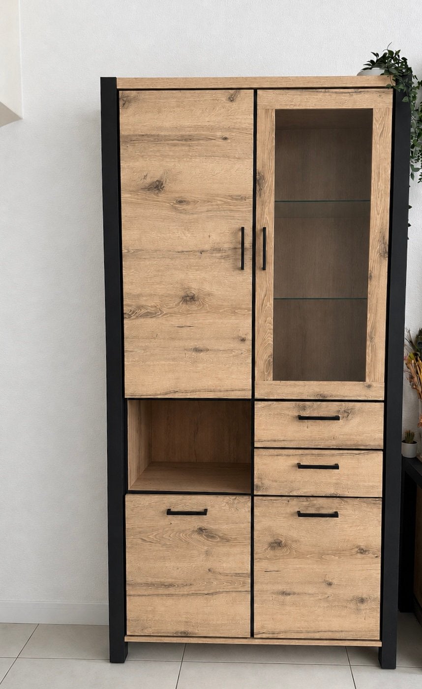 Hoge kast / vitrinekast – eiken/zwart, Ophalen, 200 cm of meer, 50 tot 100 cm, Zo goed als nieuw
