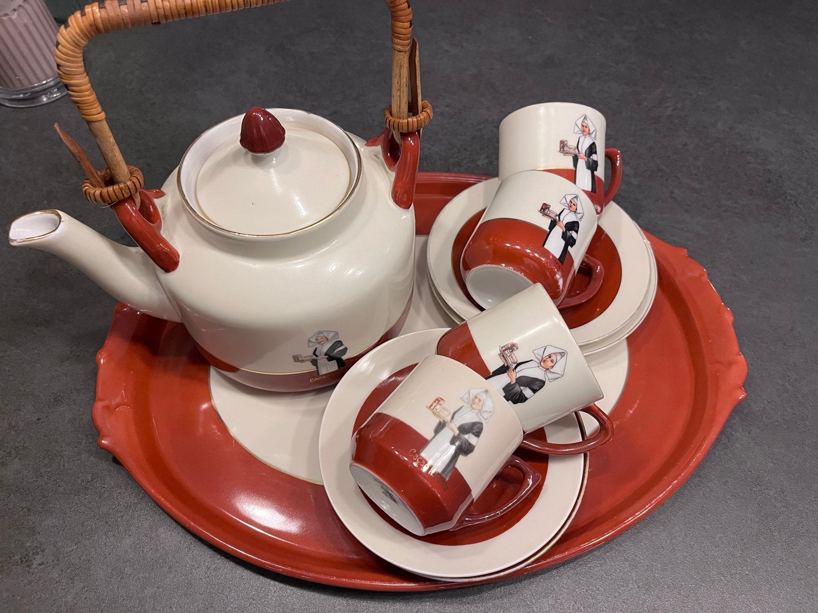 Nostalgisch Droste Cacao Servies met Theepot en Kopjes, Ophalen of Verzenden
