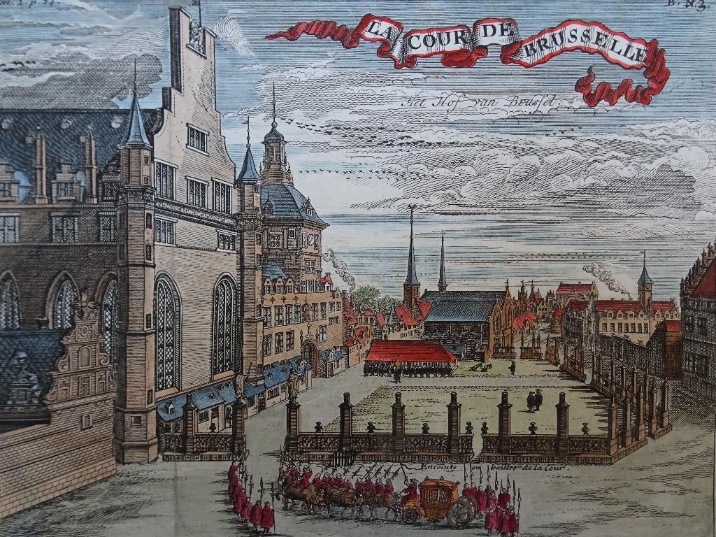 gravure kleur Het Hof van Brussel met koets, Harrewijn, 1712, Antiek en Kunst, Verzenden, Architectuur, Gravure, Origineel