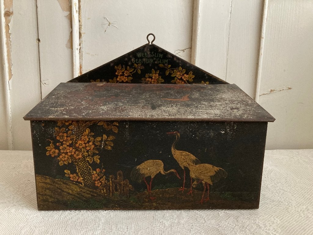 Brocante metalen poetsdoos GLIM / met kraanvogels, Ophalen of Verzenden
