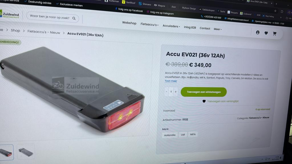 Accu EV021 (36v 12Ah) voor E-bikes, Ophalen, 1095AR, Zo goed als nieuw, De Snelbinder