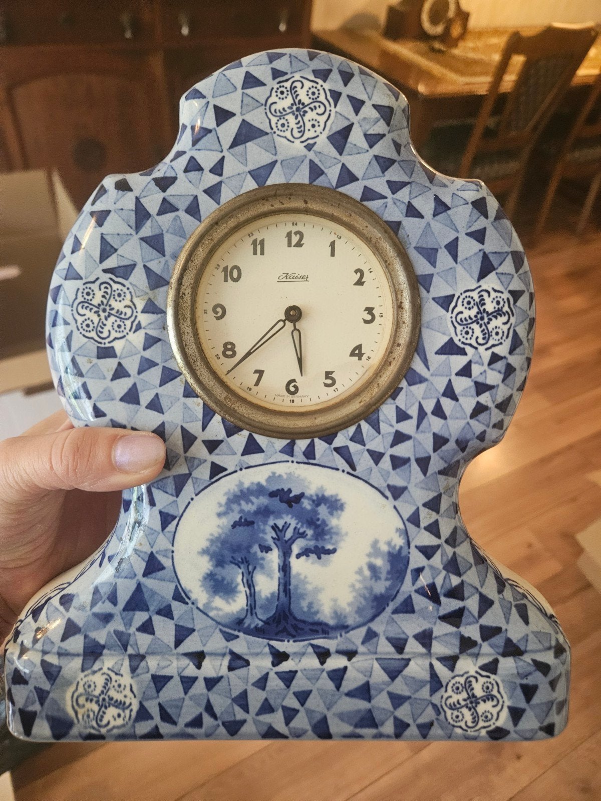 Antieke Kaiser Delft Blauw Schouwklok, Ophalen