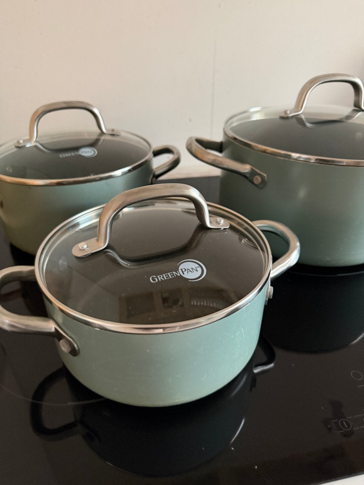 Green Pan Pannenset - 3 Pannen met Deksel, Huis en Inrichting, Keuken | Potten en Pannen, Ophalen, Gebruikt, Inductieplaat, Aluminium