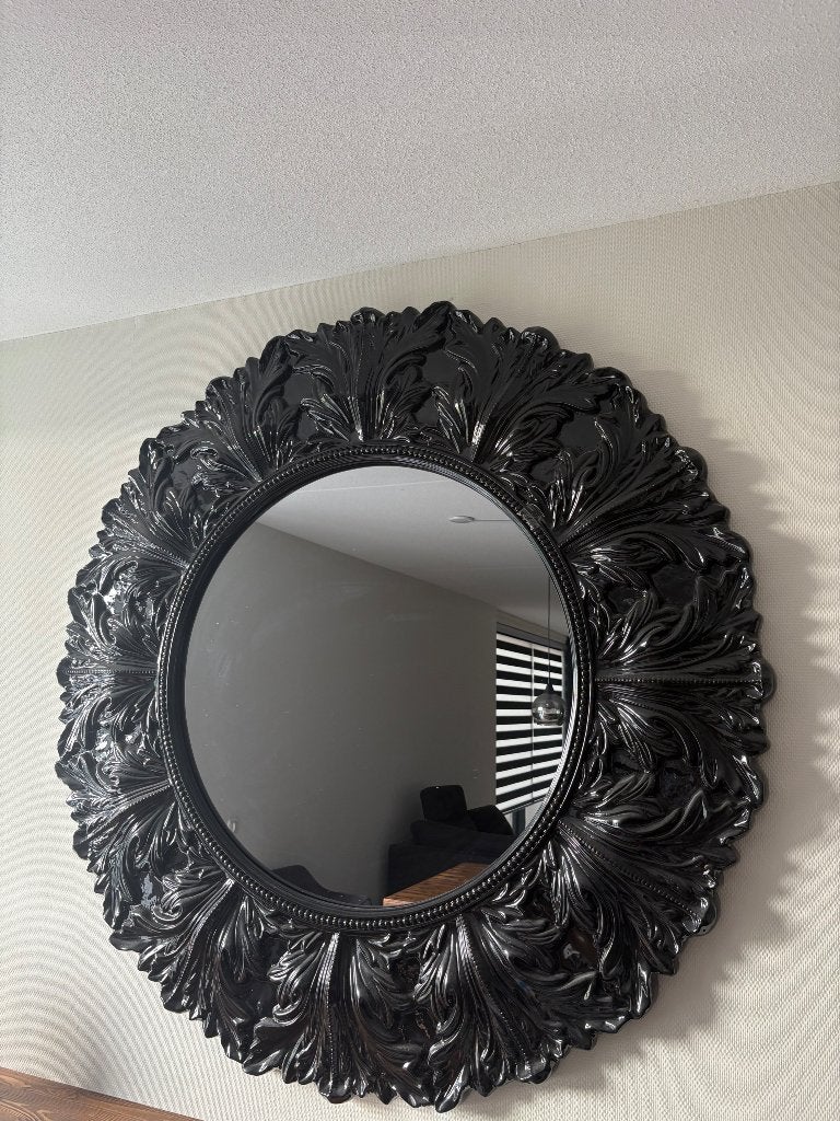 Prachtige zwarte barok spiegel – echte eyecatcher, Ophalen, Rond, 125 cm of meer, Zo goed als nieuw