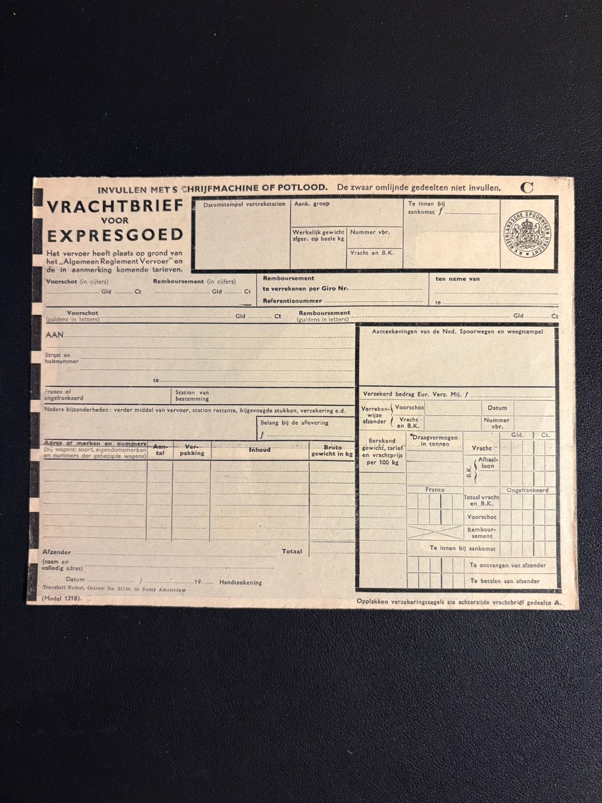 Blanco vrachtbrief voor expresgoed NS (1947), Ophalen of Verzenden, Zo goed als nieuw, Trein