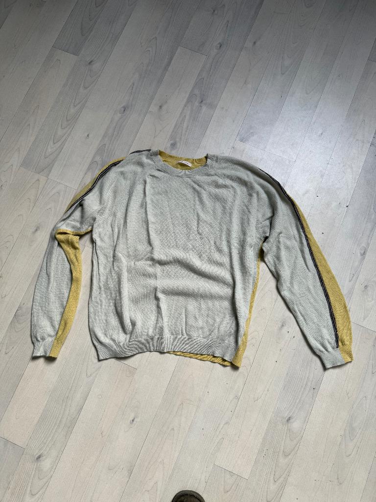 Luxe Just in Case trui - 80% Merinowol - Grijs & Mosterdgeel, Verzenden, Maat 42/44 (L), Grijs, Gedragen
