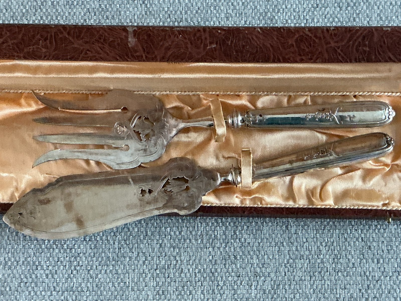 Antiek verzilverd visbestek in originele doos, Ophalen of Verzenden