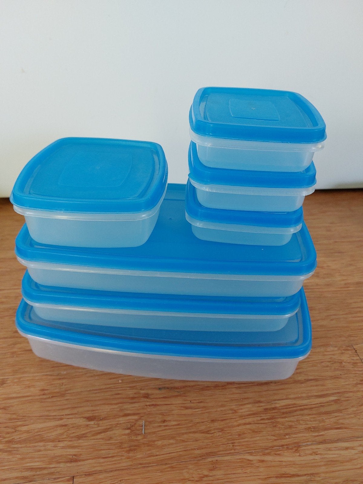 Set van 7 plastic bewaarbakjes met blauwe deksels, Ophalen, Kunststof, Voorraadpot, Overige merken