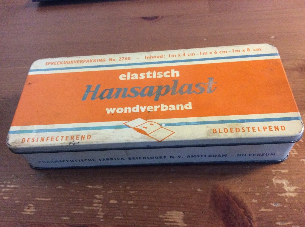 Vintage verbandkist blik Hansaplast. 24 x 10 x 4,5 cm, Verzamelen, Blikken, Ophalen of Verzenden, Gebruikt, Overige