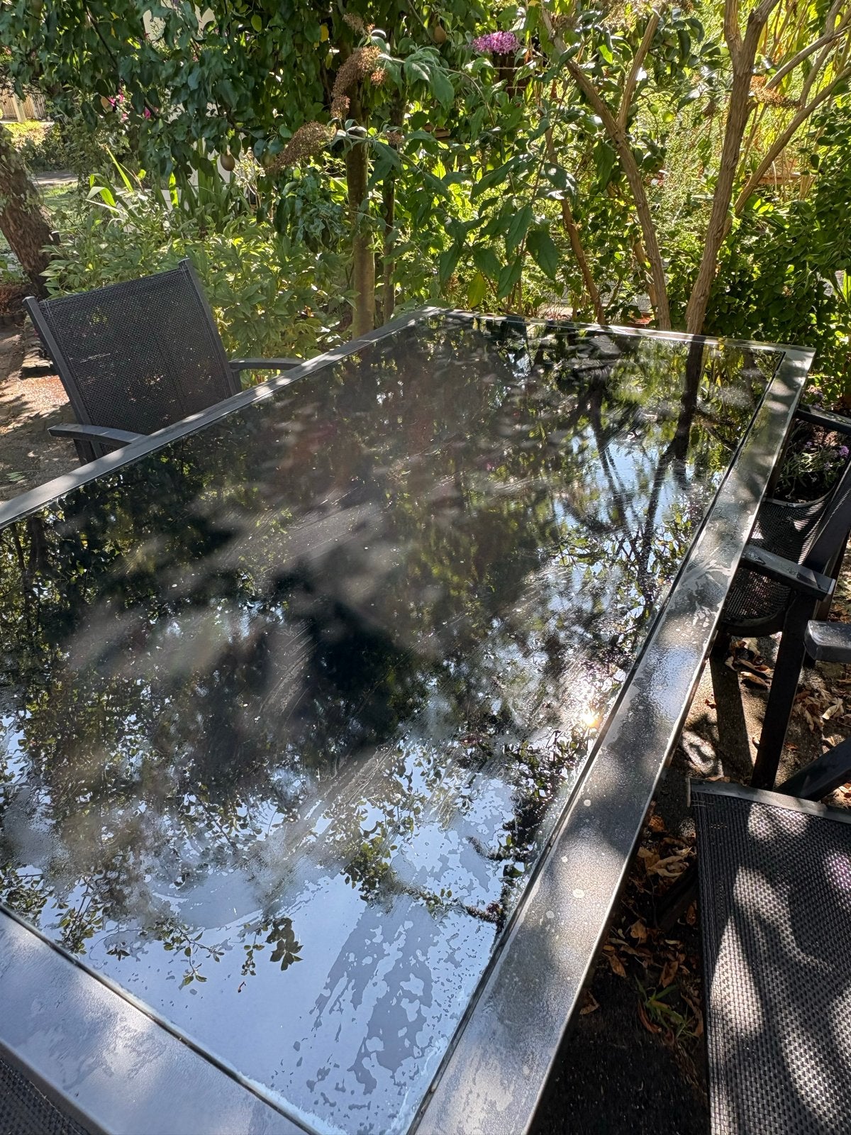 Tuinset met glazen tafel en 4 stoelen, Ophalen, Overige materialen, Gebruikt, Eettafel
