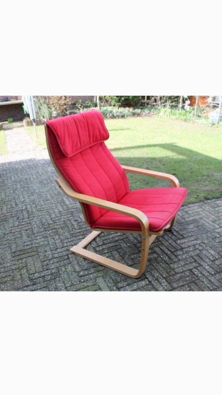 Ikea Poang Stoel. Blank hout Rode stof., Ophalen, Gebruikt, Stof, 50 tot 75 cm