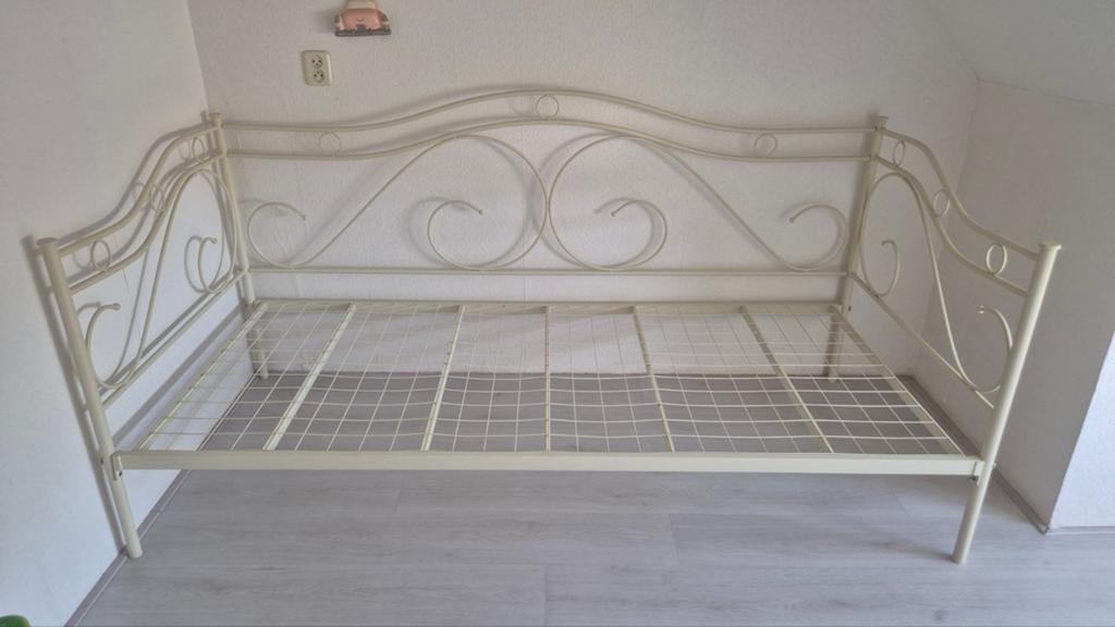 Witte metalen eenpersoonsbed, Ophalen, 180 cm of meer, 85 tot 100 cm