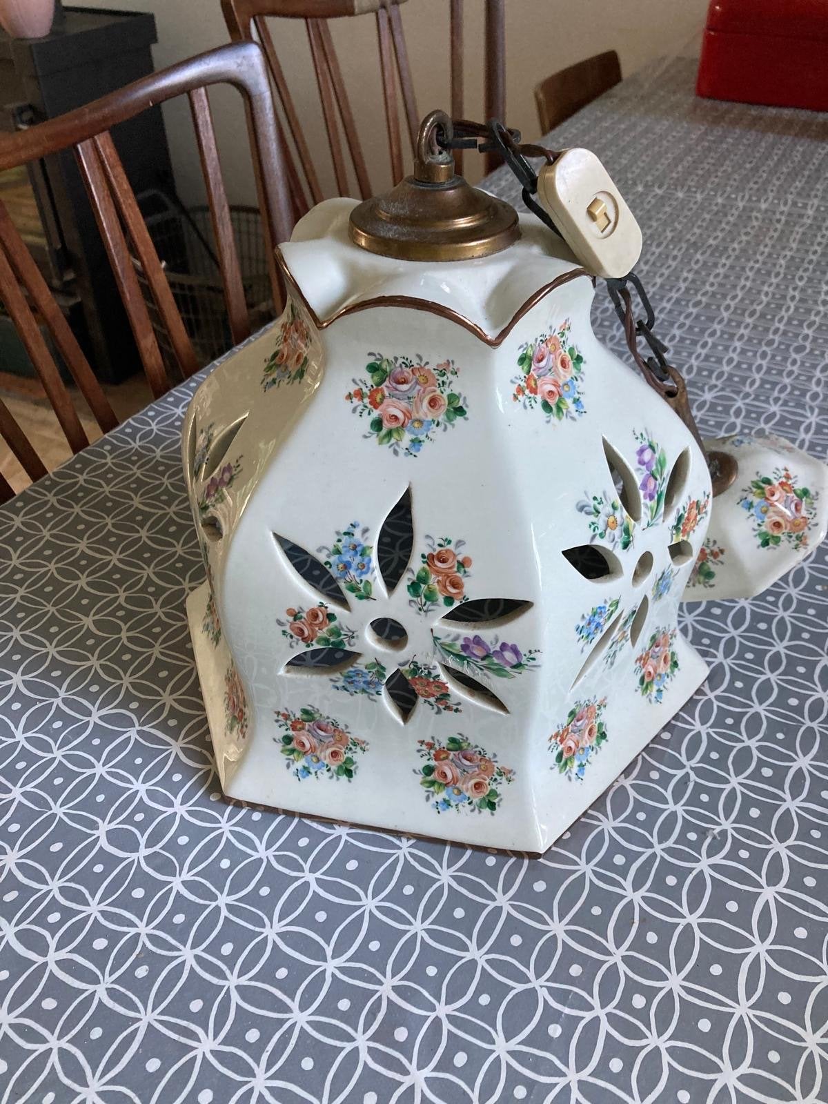 Vintage keramische hanglamp met bloemmotief, Ophalen