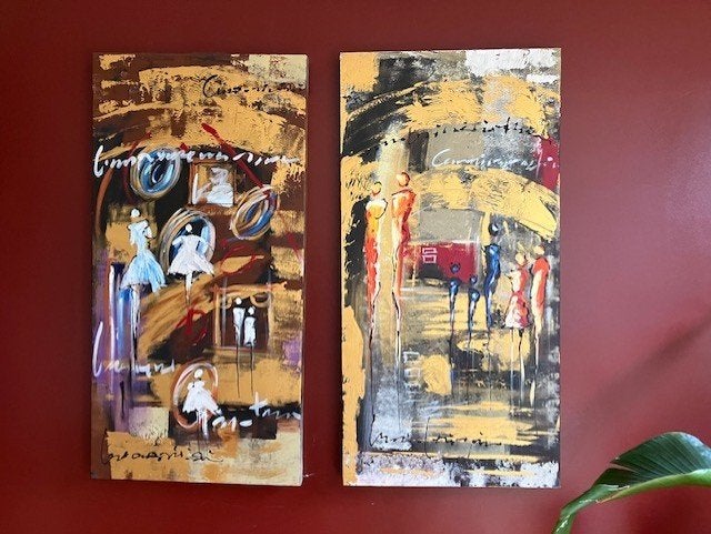 2 x modern schilderij op doek 60 cm x 120 cm h x 5cm d, Ophalen, Handgeschilderd, Acrylverf, Figuren