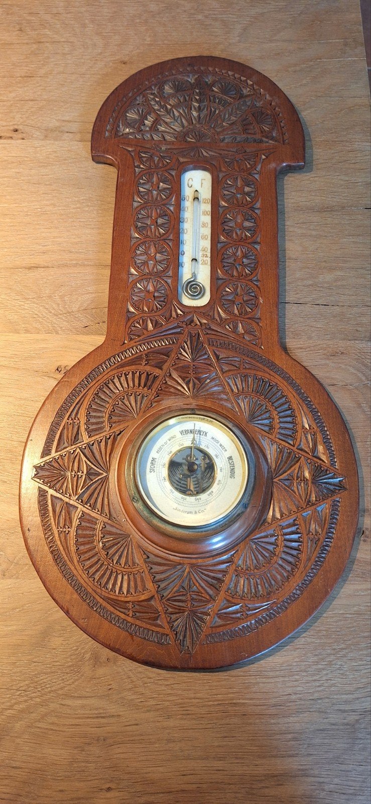 Antieke Barometer en Thermometer - Houtsnijwerk, Ophalen of Verzenden, Gebruikt, Barometer