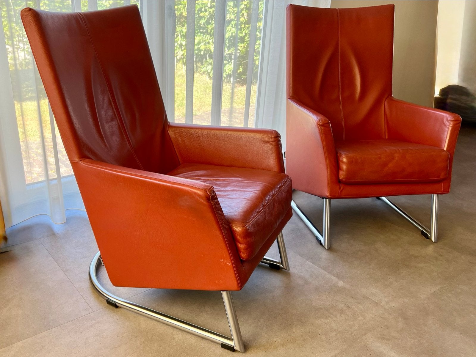 2 Montis Leren Fauteuils Oranje/Rood, model Madonna € 325,00, Ophalen, Gebruikt, 50 tot 75 cm, Leer