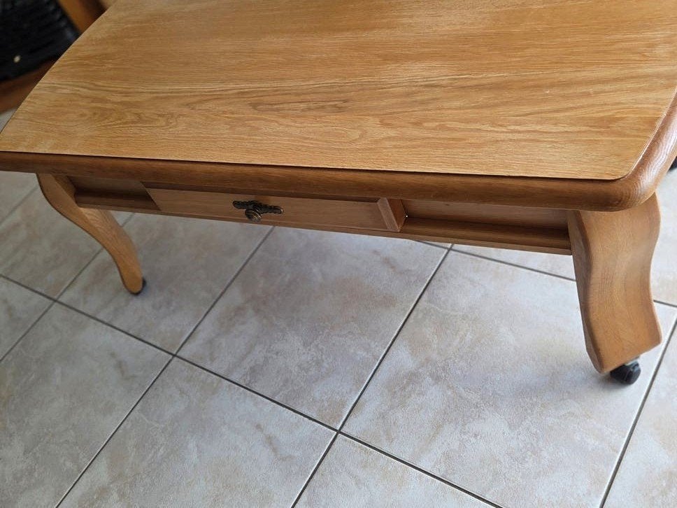 Eiken patine  salontafel met lade en sierlijke poten, Ophalen, Gebruikt, 50 tot 100 cm, 150 tot 200 cm