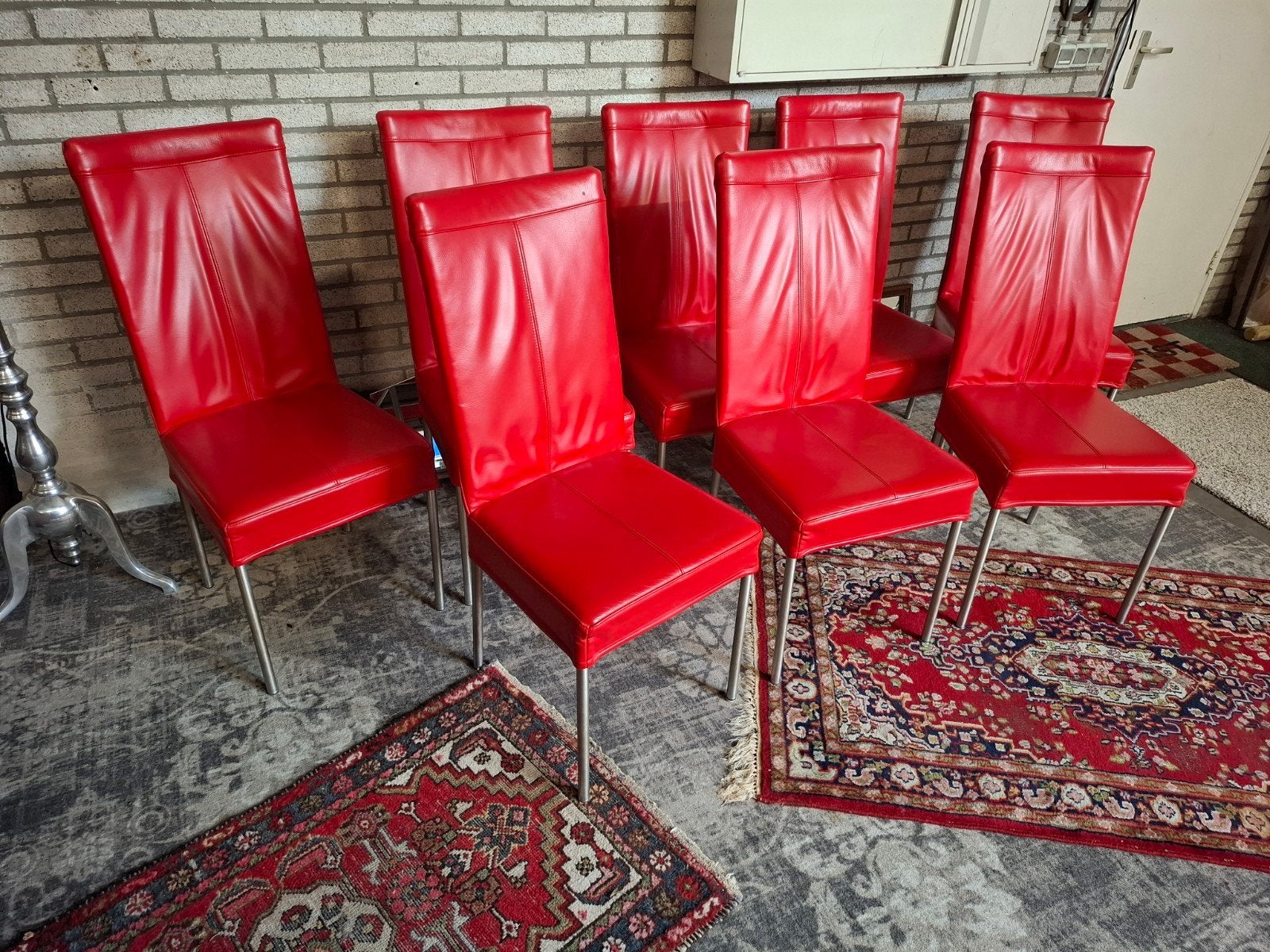 Mooie 8dlg set HVS eetkamerstoel stoelen echt leer + rvs Zie, Huis en Inrichting, Stoelen, Ophalen, Leer, Zo goed als nieuw, Vijf, Zes of meer stoelen